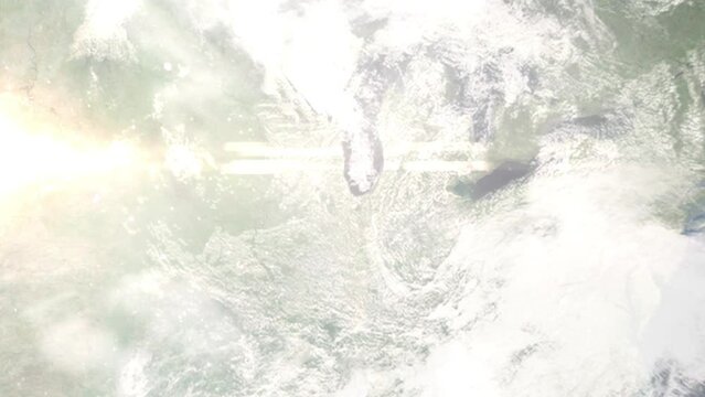 Earth zoom in from space and focus on Highland, Indiana, USA. 3D Animation. Satellite view. Background for travel intro. Images from NASA