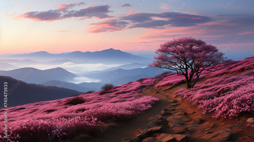 Poster A majestic cherry  tree stands tall on a hill, surrounded by pink flowers in full bloom, creating a picturesque scene of natures beauty