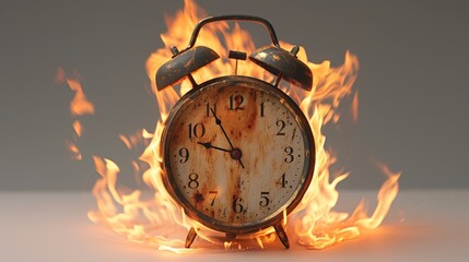 An old clock on fire with a simple background. 
