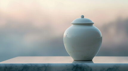 Cremation urn for ashes against a tranquil backdrop - obrazy, fototapety, plakaty