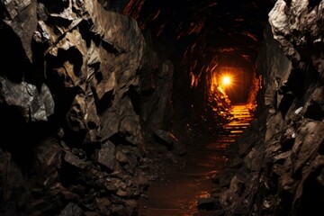 Mysterious Mine tunnel cave railway. Rock dark mineral. Generate Ai