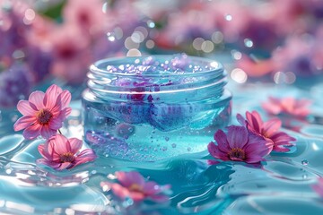 Facial hydratation skin care cream. Skincare treatment products: lotion lotion, skincare clean gel, oil, pipette with peppermint oil serum and beautiful jar pot