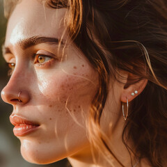 Woman face with hoop earrings, trendy jewelry