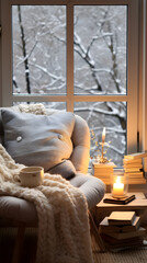 Fototapeta na wymiar Hygge Living: The Cozy Corner of Contentment, Serenity and Warmth under a Reading Lamp Amidst Falling Snow
