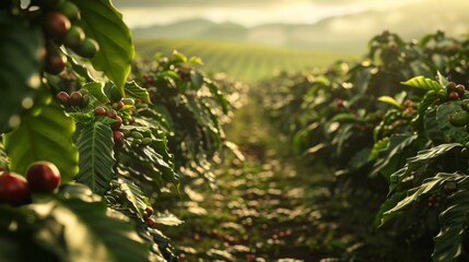 Coffee plantation landscape. Coffee farm. Coffee plants field agriculture background