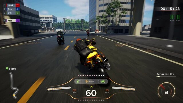 Controlling the biker character in the new motorcycle driving pc video game. Biker overtaking the opponents in the pc game level. Biker winning the competitive pc game racing challenge.