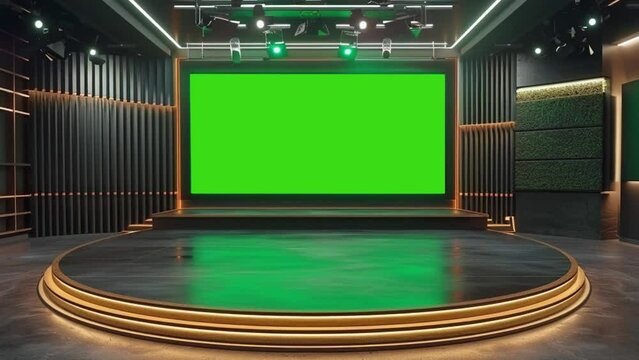 TV news broadcast studio room with green screen at the back
