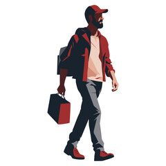 Delivery guy carries a paper bag and a backpack. A man in a uniform and cap with a package. Male delivery service employee. Vector illustration isolated on white. PNG            