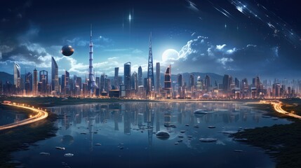Fototapeta premium A futuristic cityscape at night with reflections on a serene water body