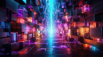 A futuristic tunnel lined with illuminated, reflective cubes in neon tones