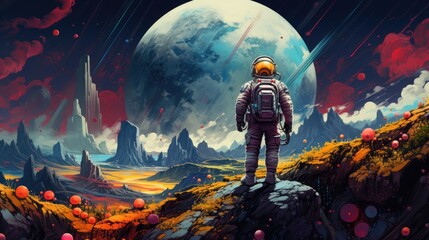 An astronaut stands on an alien planet with a giant moon backdrop