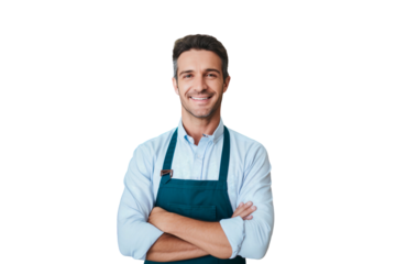 Portrait of a smiling supermarket worker in grocery store, isolated on transparent background
