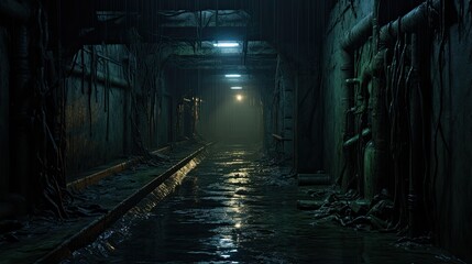 A dimly lit, dystopian sewer tunnel with wet surfaces and dangling cables