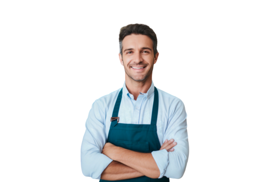Portrait of a smiling supermarket worker in grocery store, isolated on transparent background