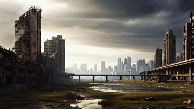 bandoned River and Building in Post-Apocalyptic Motion Background - Full HD Video