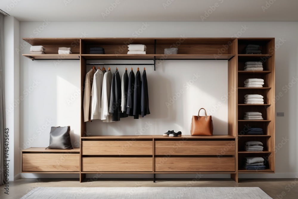 Wall mural A brown wooden wardrobe with closed doors offers ample storage space in a home interior