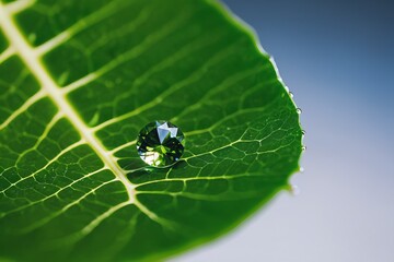 Naklejka premium A crystal water drop on a green leaf, like a tiny Earth reflecting the sky