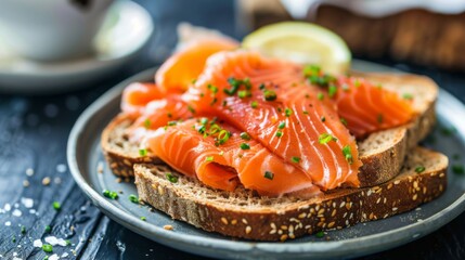 Salmon toast. Bread and salmon breakfast background - obrazy, fototapety, plakaty
