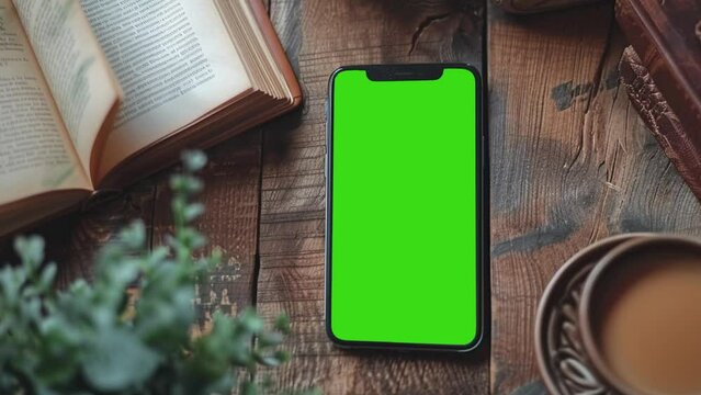 Cellphone and book on table with green screen cellphone screen