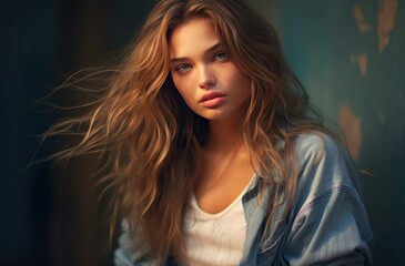 Fototapeta premium Stylish Model girl wearing casual outfit. Female fashionable character posing on city street. Generate ai