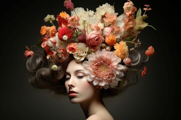 Elegant Model with head decorated with flowers. Artistic gorgeous pink floral hairstyle. Generate ai