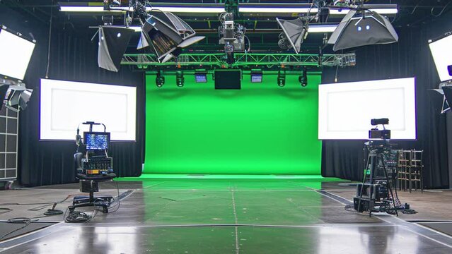 News broadcasting studio with green screen at the back