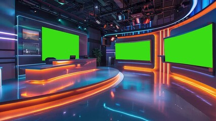 News broadcasting studio with green screen at the back