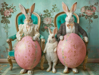 Cute Easter bunny family with big eggs in vintage French-style interior. Whimsical Easter scene with white rabbits - 745476822