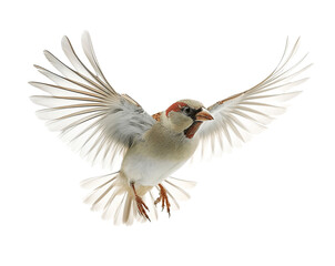Flying sparrow bird with spread wings PNG cutout isolated on transparent background, graphic resource