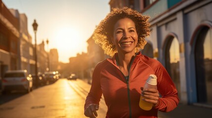 Woman running and stay hydrated 