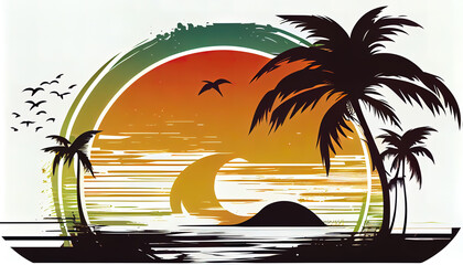 Logo flat design palm tree beach sunset wave sout