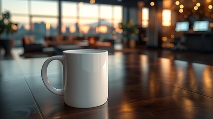 A white coffee mug mock up, on a wooden desk in a modern office.