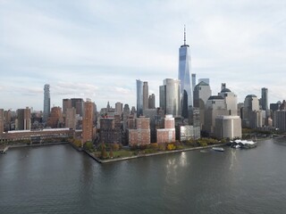 Aerial view of New York City midtown Manhattan skyline panorama view over Hudson River from drone.