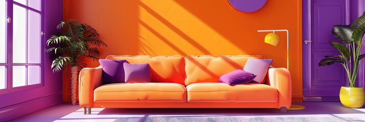 Purple and orange living room - modern contemporary interior design with bright colors