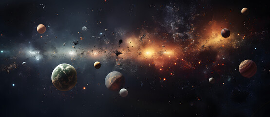 Obraz na płótnie Canvas Acosmicscenewithplanets,asteroiddebris,andafieryexplosion.