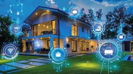 Smart home technology concept with a modern house and embedded wireless technology labeled throughout - obrazy, fototapety, plakaty