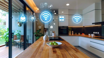 Smart home technology concept with a modern house and embedded wireless technology labeled throughout - obrazy, fototapety, plakaty
