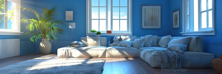 Blue living room interior design concept with contemporary couch, sofa, and other furniture - obrazy, fototapety, plakaty