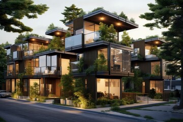 Fototapeta na wymiar Sustainable Modern eco friendly homes at morning sunrise. Apartment home sun industry living. Generate Ai