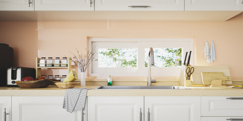 Modern kitchen design combining white and pink colors.3d rendering