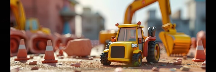 Toy Construction zone with yellow bulldozer - obrazy, fototapety, plakaty