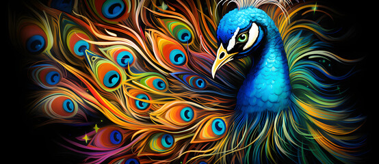 Vibrant,colorfulpeacockwithelaboratetailfeathersinapsychedelicdisplay.