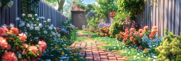 Well-kept lawn in the backyard of a suburban home. Flowers, shrubs, and fresh green grass in the sunny afternoon.  - obrazy, fototapety, plakaty