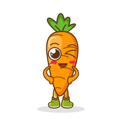 Vector illustration of carrot character with cute expression, lovely wink, happy, funny, carrot isolated on white background, simple minimal style, vegetable for mascot collection, emoticon, kawaii