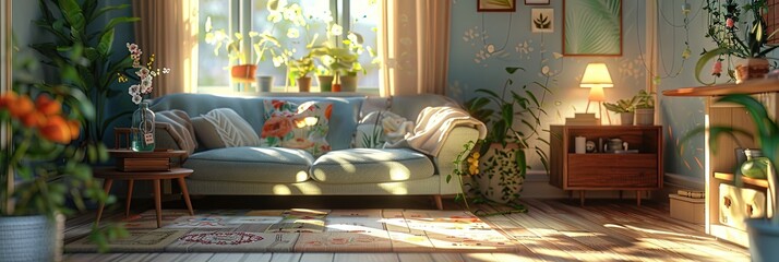 Floral living room decor - interior design in the den of a house decorated for a home feel with flowers on the furniture and walls - obrazy, fototapety, plakaty