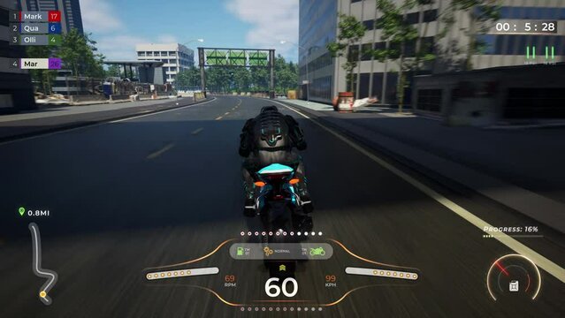 Controlling a fast motorbike in the racing game action. Rider Failing to overtake the opponents in the street racing game action. Biker Losing a challenge in the digital racing game action. Defeat.