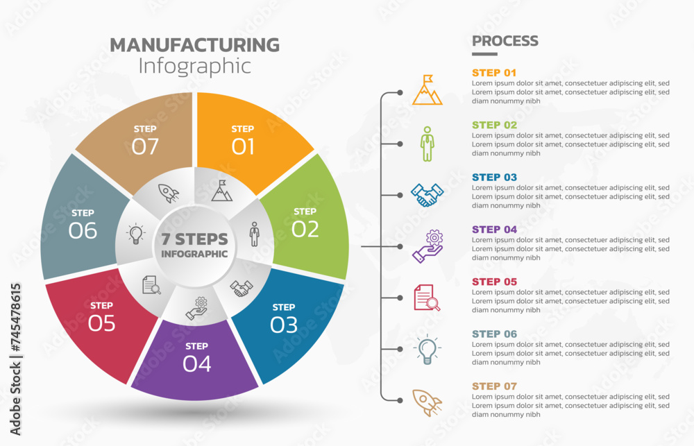 Aufkleber Visual data presentation. Cycle diagram with 7 options. Pie Chart Circle infographic template with 7 steps, options, parts, segments. Business concept. Marketing infographic vector illustration.