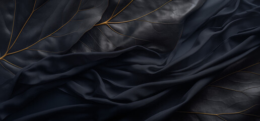 Black leaves texture for tropical leaf background. Abstract dark leaves with flowing silk. Flat lay, dark nature concept of tropical leaf for copy space by Vita - obrazy, fototapety, plakaty