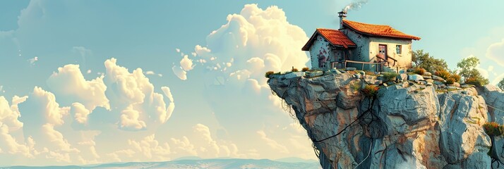 Small house on a cliff with a bright blue sky