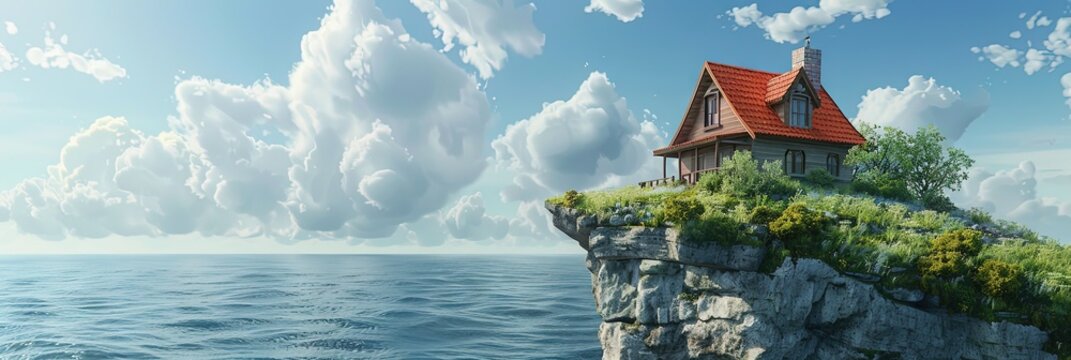 Small house on a cliff with a bright blue sky